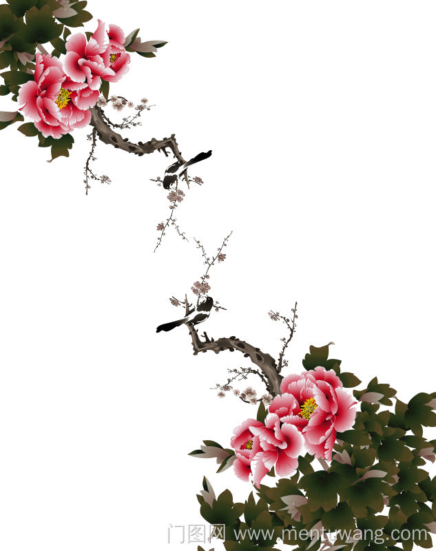  移门图 雕刻路径 橱柜门板  牡丹  牡丹，树枝，鸟，牡丹花，红花，叶子